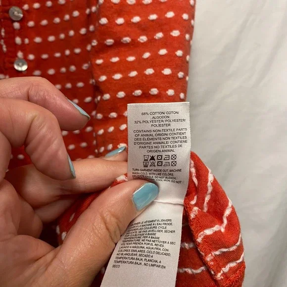 Lucky Brand M Red Orange Coral Dot Blouse Sleeveless Button Up Ruffle Top Tomato - Picture 5 of 5